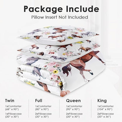 Queen Size Comforter Set with 2 Pillowcase, Vintage Horse Brown Soft 3 Pcs Bedding for Kids and Adults, Get Watercolor Run Comforter Set for Room Bedroom Bed Decor
