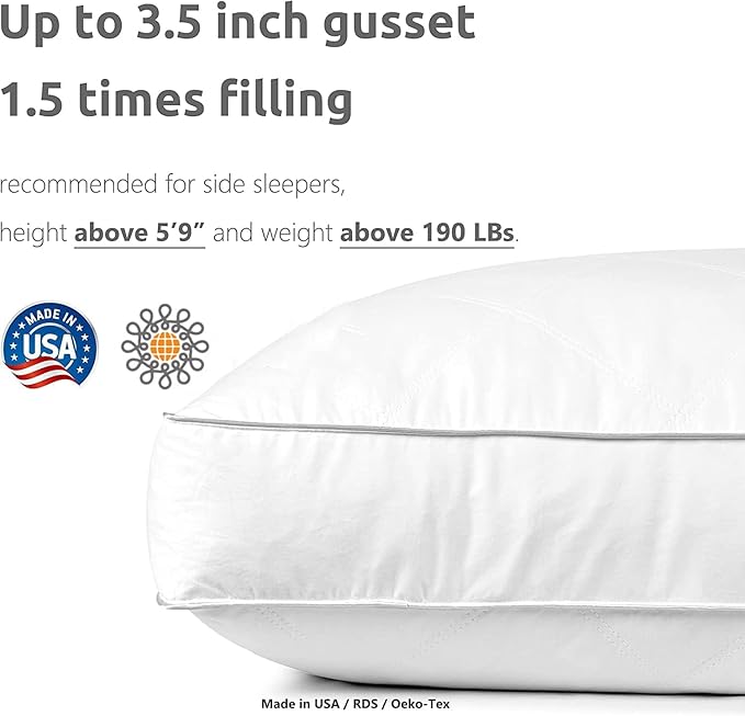 Dreamhood Medium Soft Standard Goose Feather Down Pillow for Side Sleepers, Made in USA, Breathable and Skin-Friendly Cotton Cover, 1 Pack, 18 x 26 Inches