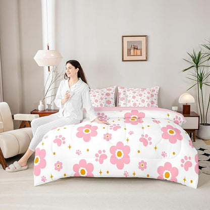 Feelyou Pink Flower 7 Piece Bedding Set Cute Dog Paw Print Comforter Set with Sheets for Kids Boys Girls Star Print Bed in a Bag Kawaii Bed Set Soft Lightweight