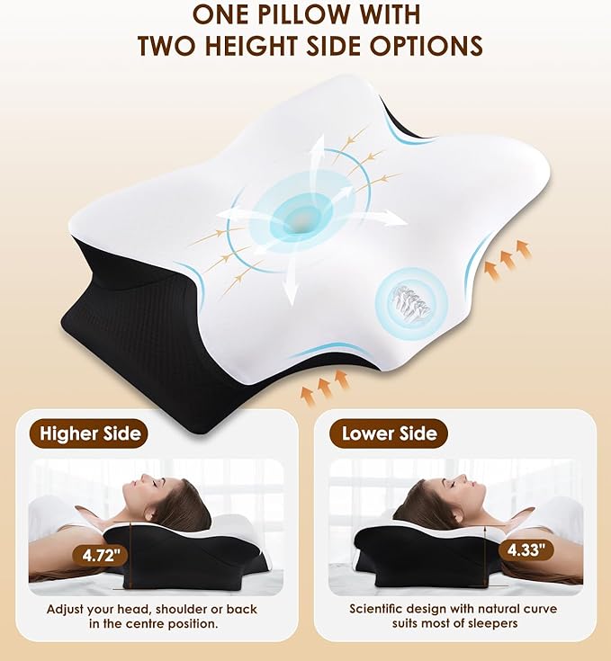 Cervical Neck Pillow for Pain Relief, Ergonomic Memory Foam Pillows for Sleeping with Washable Pillowcase & 2 Height Options, Cooling Contour Neck Support Pillow for Back Stomach Side Sleepers