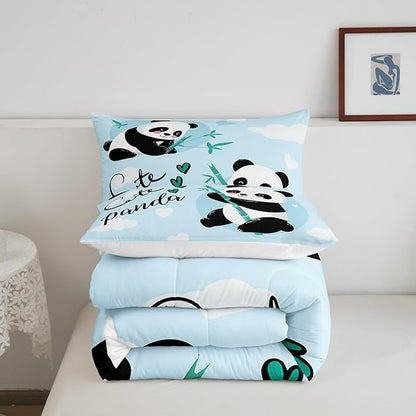 Feelyou Cute Panda Bedding Set Cartoon Panda Comforter Set for Kids Boys Girls Animal Theme Comforter Kawaii Animal Quilt Set Blue 1 Comforter Set with 1 Pillowcase Twin Size