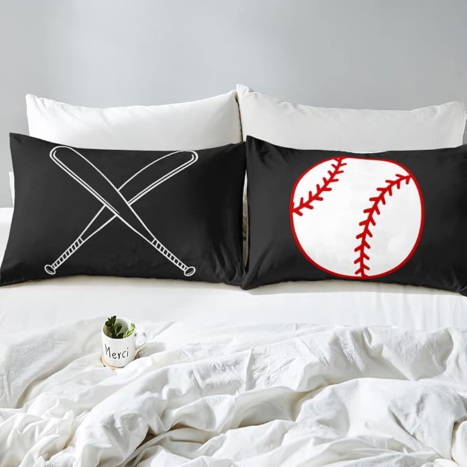 Castle Fairy Baseball Field Print Bedding Set,Boys Ball Sports Games Themed Duvet Cover Set for Children Bedroom Decor, Red Bat Sporting Equipment Comforter with 2 Pillowcases, Queen 90''x90''