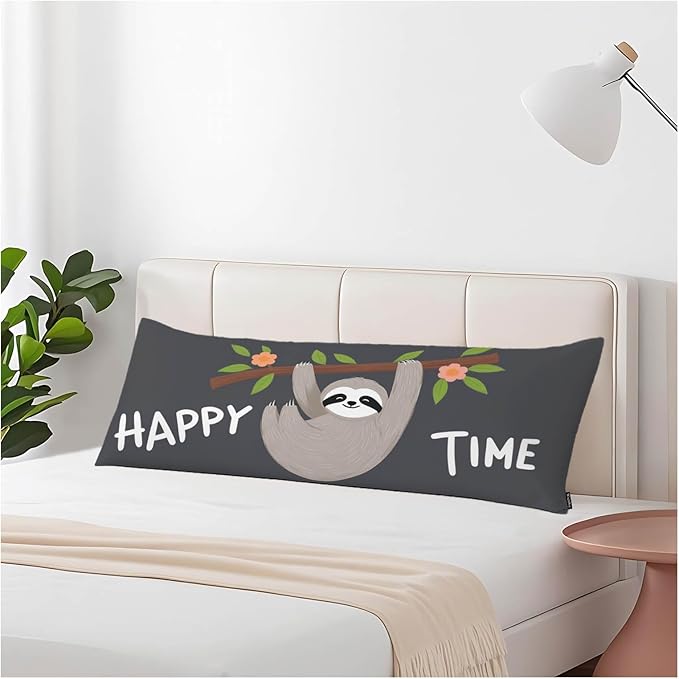 Body Pillow Covers Sloth Body Pillowcase 20"X54", Happy Time Quote Couch Body Pillow Cases for Home Bedroom, Funny Sloth Outdoor Body Cushion Cover for Men Women
