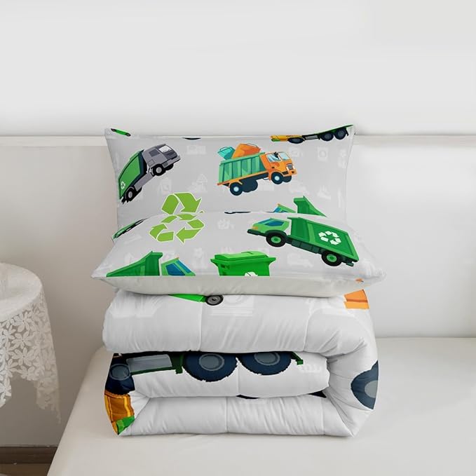 Feelyou Boys Green Garbage Truck Bedding Set Cartoon Trash Truck Comforter Set for Kids Boys Girls Teens Green Vehicle Car Comforter Garbage Truck Toy Duvet Set Full Size with 2 Pillow Case