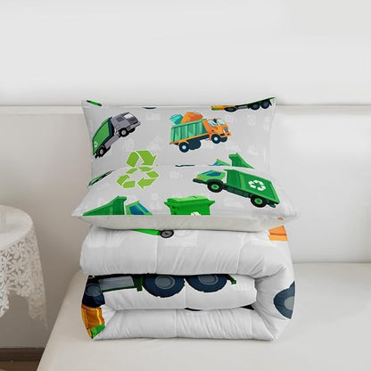 Feelyou Boys Green Garbage Truck Bedding Set - Cartoon Trash Truck Comforter Set for Kids Boys Girls Teens - Queen Size with 2 Pillow Case