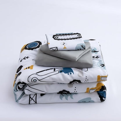 NTBED 4 Pieces Construction Toddler Bedding Set for Baby Boys,Tree Truck Vehicles Excavator Cars Printed, Includes Comforter, Flat Sheet, Fitted Sheet and Pillowcase,Light Grey
