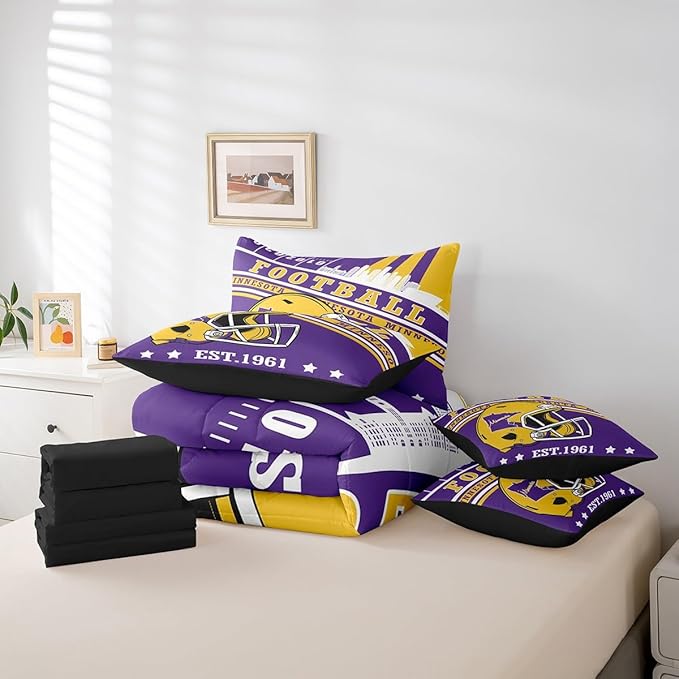 Erosebridal Football Bedding Rugby Seasonal Color Comforter Set King, Cartoon 3D Helmet Sports City Illustration Comforter + Flat Sheet + Fitted Sheet + 2 Pillowcases + 2 Throw Pillow Covers
