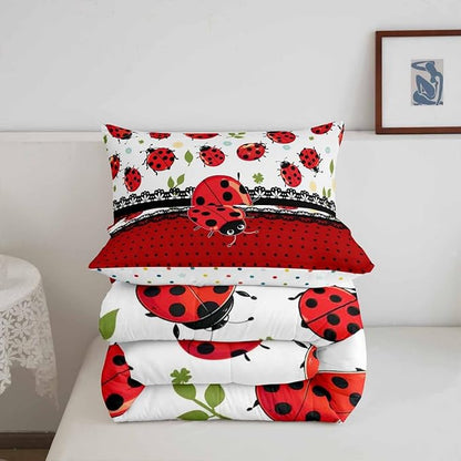 Kawaii Ladybug Comforter Set Full Size Cartoon Jungle Animal Bedding Set Kids Boys Girls Cute Geometric Polka Dots All Season Quilt Set Flower Leaves Botanical Bedding Comforter Sets,3Pcs