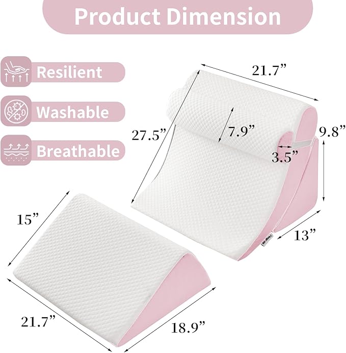4PCS Orthopedic Bed Wedge Pillow Set for Post Surgery & Pain Relief, Adjustable Wedge Pillow for Back, Acid Reflux,Sitting up in Bed,Recovery, Snoring, Body Pillow for Sleeping (White/Pink)