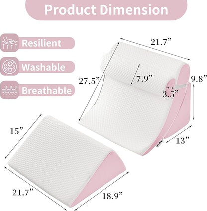 4PCS Orthopedic Bed Wedge Pillow Set for Post Surgery & Pain Relief, Adjustable Wedge Pillow for Back, Acid Reflux,Sitting up in Bed,Recovery, Snoring, Body Pillow for Sleeping (White/Pink)
