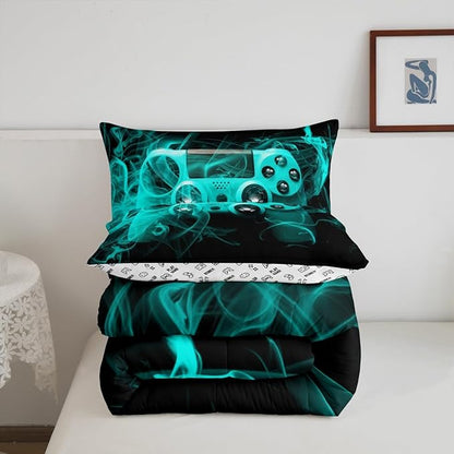 Feelyou Kids Gamer Comforter Set Full Size Teens Gamepad Bedroom Decor for Boys Girls Video Game Controller Bedding Set Youth Gaming Console Comforter Blue Black with 2 Pillow Case