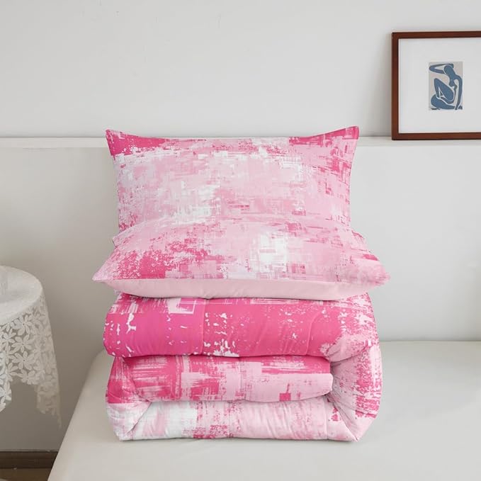 Feelyou Light Pink Abstract Duvet Quilt Geometric Bedding Set for Kids Boys Girls Teens Room Decor Modern Art Comforter Set Twin Size Buffalo Check 2Pcs Breathable Soft Lightweight Microfiber