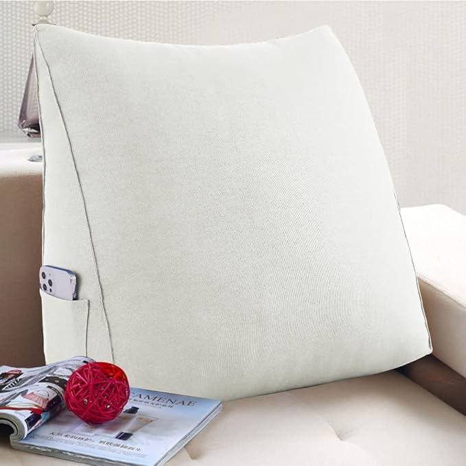 Johnear Triangular Headboard Pillow Daybed Wedge Pillow Cotton Linen Large Bolster Reading Back Rest Pillow for Sofa Bed Support Bolster Upholstered Backrest Positioning Lumbar Cushion （Ivory, Small）