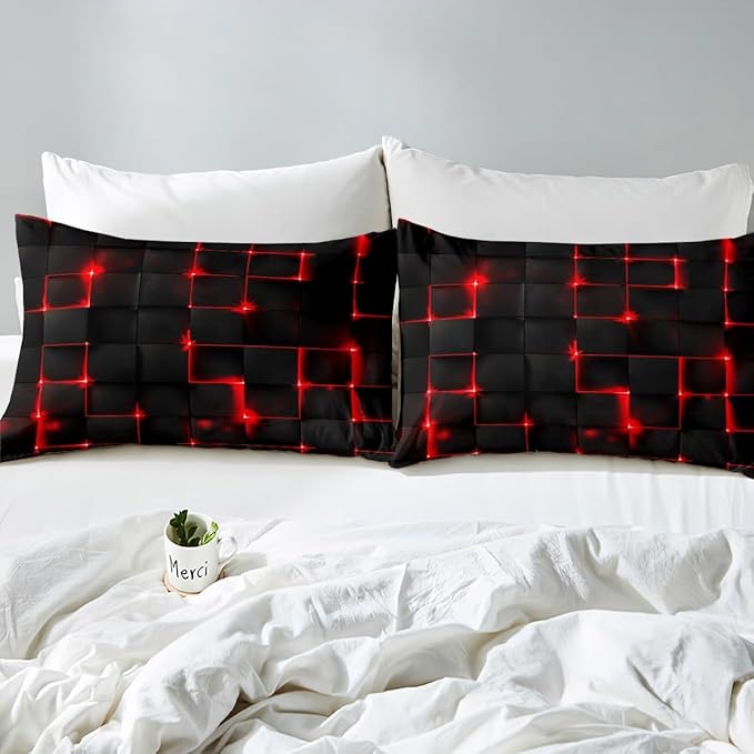 Castle Fairy Abstract Duvet Cover Set Twin Size, Modern Geometric Grid Square Quilt Cover with 1 Pillowcase, Red Neon Light Microfiber Polyester Bedding Set for Kids Boys Bedroom, Black