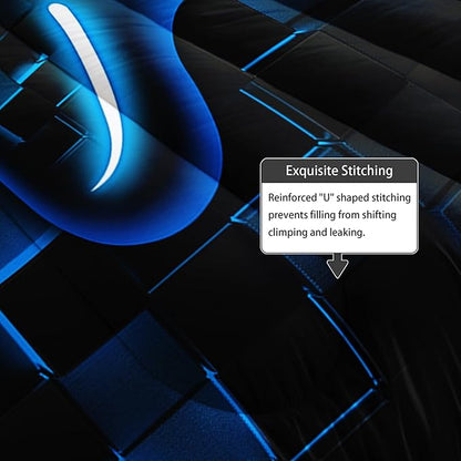 Axolotl Gamepad Comforter Set Queen Size,Blue Grid Print Bedding Set,Boy Gaming Console Comforter Set,Modern Gaming controller Geometry Bedding Set for Adult Teens Men,1 Quilt 2 Pillowcases,Blue Black