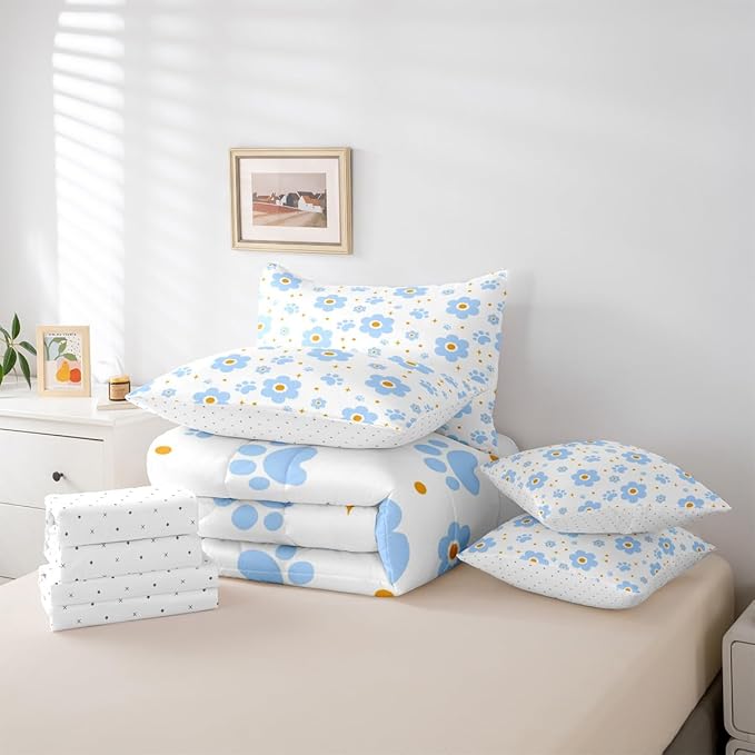 Feelyou Blue Flower 7 Piece Bedding Set Cute Dog Paw Print Comforter Set with Sheets for Kids Boys Girls Star Print Bed in a Bag Kawaii Bed Set Soft Lightweight