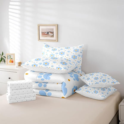 Feelyou Blue Flower 7 Piece Bedding Set Cute Dog Paw Print Comforter Set with Sheets for Kids Boys Girls Star Print Bed in a Bag Kawaii Bed Set Soft Lightweight