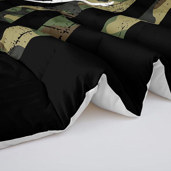 Deer Hunting Comforter Set Full Size, American Flag Bedding Set for Boys Teens, Army Green Military Camo Stripes Bedding Quilt Set Bedroom Decor 3 Pcs with 2 Pillowcase