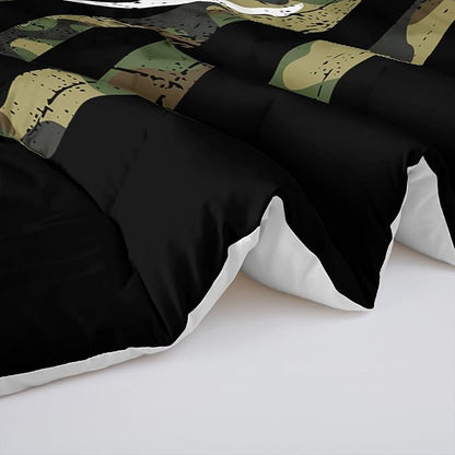 Deer Hunting Comforter Set Full Size, American Flag Bedding Set for Boys Teens, Army Green Military Camo Stripes Bedding Quilt Set Bedroom Decor 3 Pcs with 2 Pillowcase