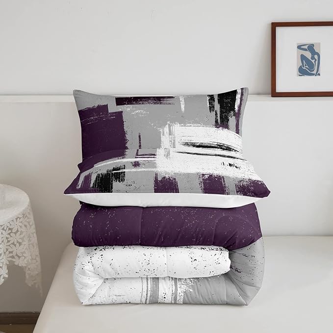 Feelyou Abstract Bedding Set Comforter Set for Kids Boys Children Modern Abstract Art Comforter Ultra Soft Decor Purple Grey White Duvet Set Queen Size