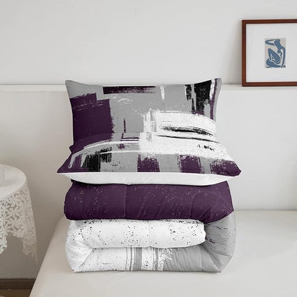 Feelyou Abstract Bedding Set Comforter Set for Kids Boys Children Modern Abstract Art Comforter Ultra Soft Decor Purple Grey White Duvet Set Queen Size