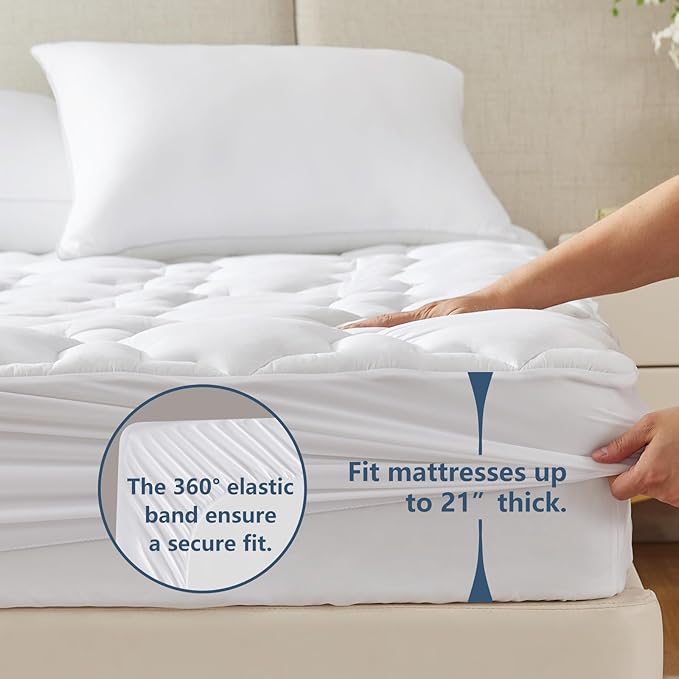 CozyLux California King Mattress Pad Deep Pocket Up to 21" Non Slip Cotton Cooling Mattress Topper Breathable and Soft Mattress Cover Thick Pillowtop 450GSM Bed Mattress Pad (72x84) Inches White