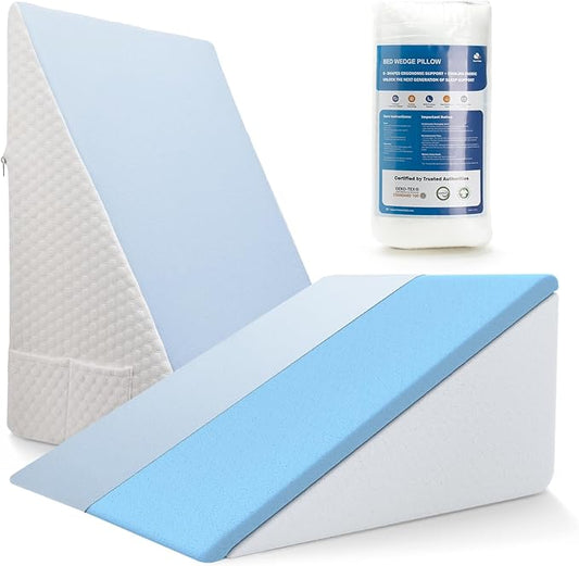 [2025 New 12" Memory Foam Wedge Pillow for Sleep Apnea, Sleeping, Acid Reflux Relief, Snoring, Dual Sided Cooling & Warm Fabric Triangle Pillow Wedge for After Surgery, Back, Leg - Blue