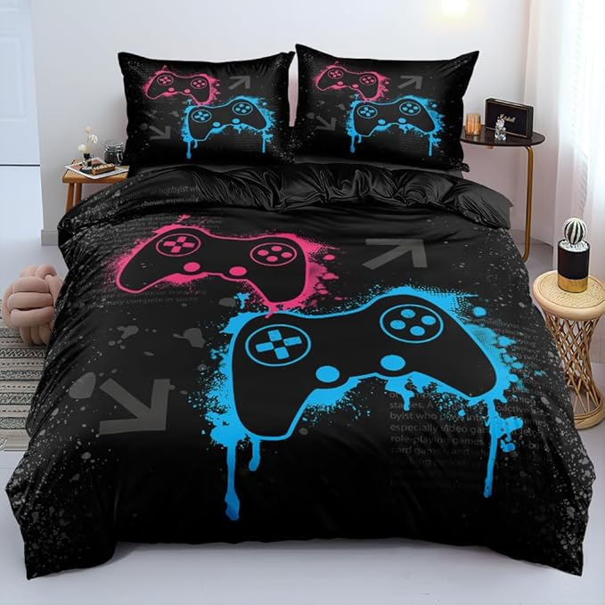 Full Size Comforter Cover with Pillowcases - Gamer Bedding Set & Duvet Cover Set, Dual-Tone Pink/Blue Controller Design, Themed Room Decor for Teen Gamers (Dynamic Gaming Theme)