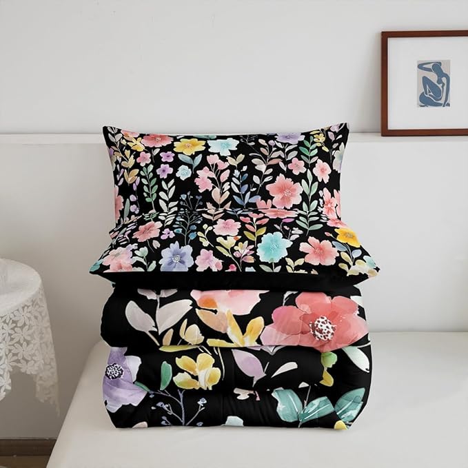 Erosebridal Black Floral Full Comforter Set,Cute Pink Flower Boho Bedding Set for Kids Girls,Colorful Flowers Wildflower Quilt,Botanical Plant Leaves Bedroom Decor,2 Pillowcases Breathable