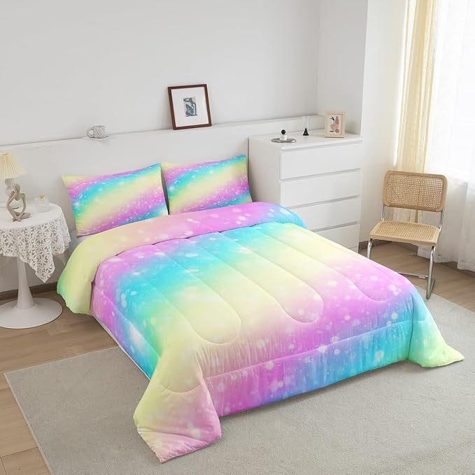 Feelyou Rainbow Comforter Set King, Tie Dye Pastel Bedding Set Stars Glitter Comforter for Kids Colorful Stripes Duvet Set with 2 Pillow Case