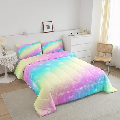 Feelyou Rainbow Comforter Set King, Tie Dye Pastel Bedding Set Stars Glitter Comforter for Kids Colorful Stripes Duvet Set with 2 Pillow Case