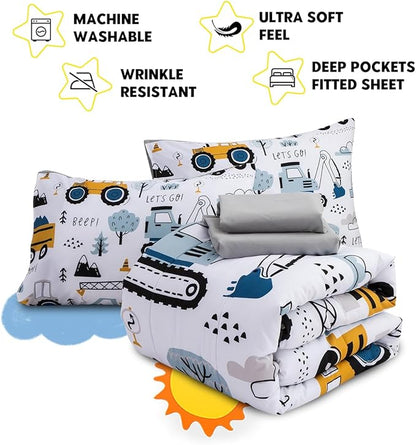 Holawakaka Trucks Tractors Cars Boys 5-Piece Bedding Comforter Sheet Set,Twin Size Cartoon Construction Car Excavator Print Kids Bed in A Bag, Excavator Mixer Truck Printed Bed Sets (White Twin)