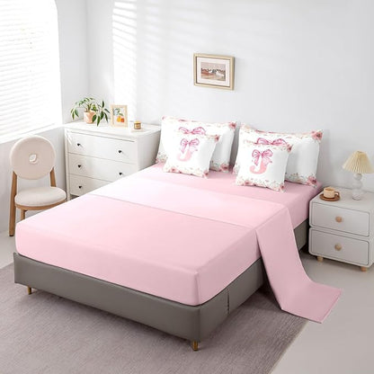 Erosebridal Pink Bowknot King Bedding Sets for Girls,Initial Letter J Bed in A Bag for Kids Teen Women Room Decor, Romantic Flower Floral Bed Set Bedroom Decor King Size 7-Piece