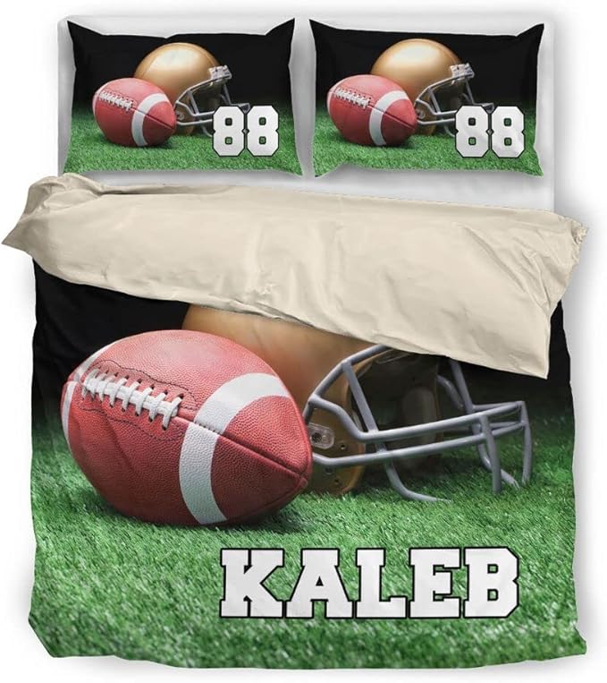 Personalized American Football Bedding Set, Kids 3 Piece Duvet Cover Set with Pillow Shams for Teens Boys, NO Comforter, Twin Size for Rugby Lovers (Football 15)
