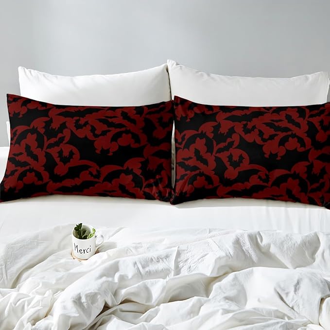 Castle Fairy Happy Halloween Duvet Cover Set Twin Size,Black Bats Animal Silhouette Print Bedding Set Bedroom Decor,Happy Holiday Gothic Style Red Polyester Quilt Cover (No Comforter), 2 Pcs