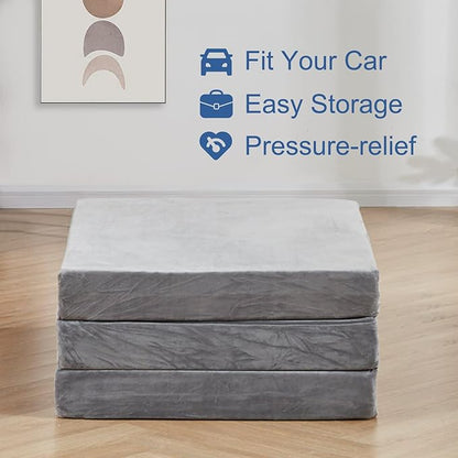 SINWEEK 4" Single Memory Foam Folding Mattress with Storage Bag - Foldable Trifold Floor Bed Topper, CertiPUR-US Certified Guest Sleeping Pad, Machine Washable Cover