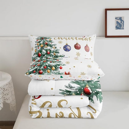 Erosebridal Christmas Tree Comforter Set,Merry Christmas Toddler Bedding Set for Kids Boys Girls,Happy New Year Down Comforter,Xmas Snowflake Reversible Bed Set with 1 Pillowcase for Bedroom