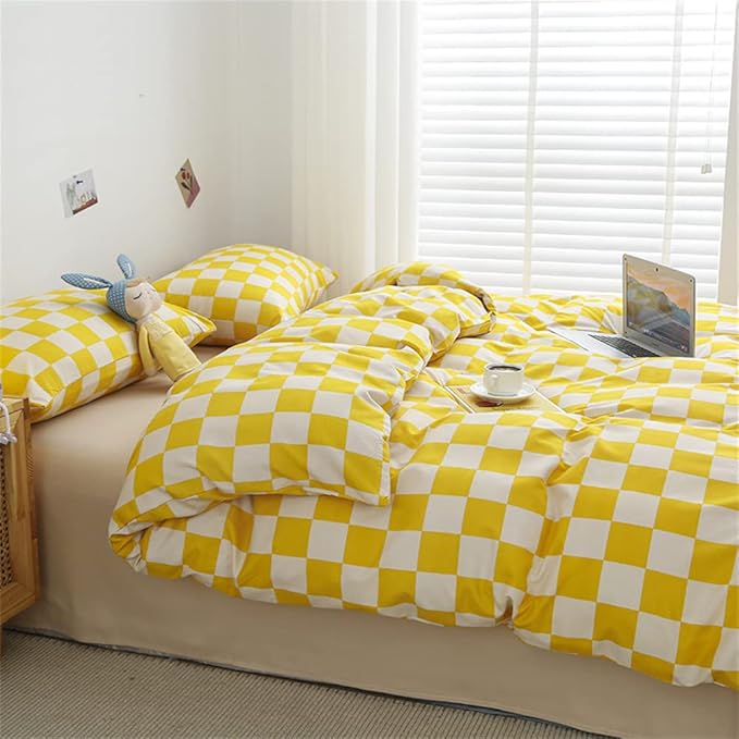 Wellboo Yellow White Plaid Comforter Sets Queen Women Men Yellow and White Checkerboard Grid Bedding Comforters Cotton Boys Girls Modern Bright Yellow Checkered Geometric Quilts Luxury Abstract Bed