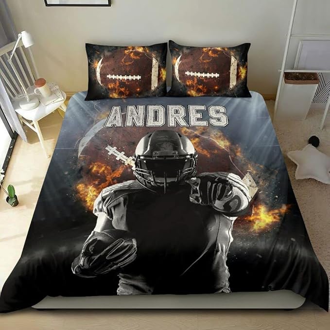 Personalized American Football Bedding Set, Kids 3 Piece Duvet Cover Set with Pillow Shams for Teens Boys, NO Comforter, Twin Size for Rugby Lovers (Football 01)