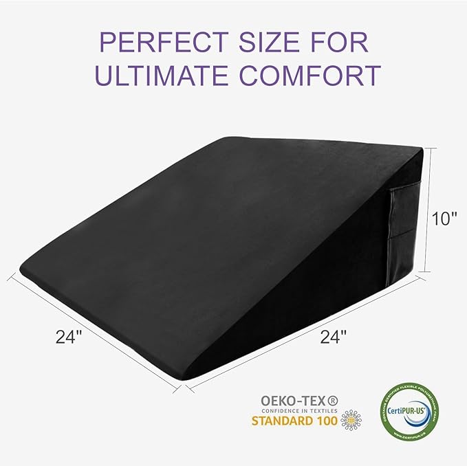 Memory Foam Bed Wedge Pillow (10"x24"x24") - Acid Reflux & Back Pain Relief, Anti-Snoring Incline Design, Removable Washable Cover for Sleep & Post-Surgery Support