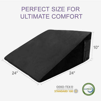 Memory Foam Bed Wedge Pillow (10"x24"x24") - Acid Reflux & Back Pain Relief, Anti-Snoring Incline Design, Removable Washable Cover for Sleep & Post-Surgery Support