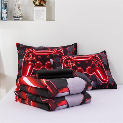 NTBED 3D Gaming Comforter Set for Boys Kids Teens,5pcs Gamer Bedding Sets with Sheet,Game Console Bed in a Bag (Red, Full)