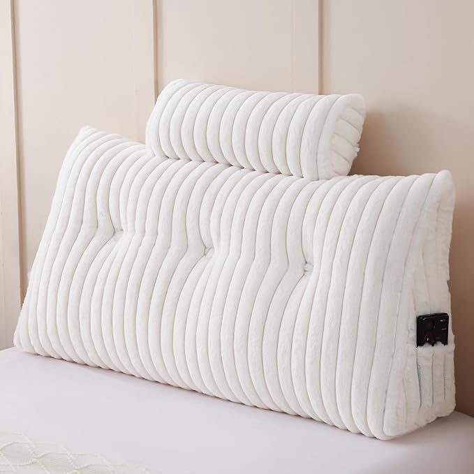 YOUR MOON Large Wedge Headboard Pillow Twin for Back with 1 Roll Pillow, Faux Fur Backrest Cushion with Shredded Memory Foam, Triangular Wedge Reading Pillow for Bed Sitting Up Sleeping, White