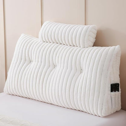 YOUR MOON Large Wedge Headboard Pillow Twin for Back with 1 Roll Pillow, Faux Fur Backrest Cushion with Shredded Memory Foam, Triangular Wedge Reading Pillow for Bed Sitting Up Sleeping, White