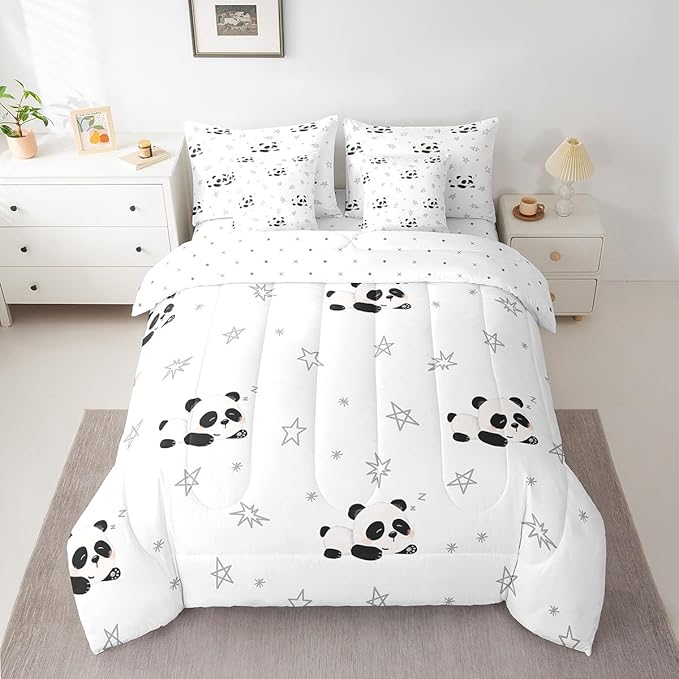 Feelyou Cartoon Comforter Set with Sheets 7 Piece Queen Size Kids Cute Animal Bed in a Bag for Boys Girls Kawaii Bedding Set Breathable Panda Bear Printed Black White Bed Set Room Decor