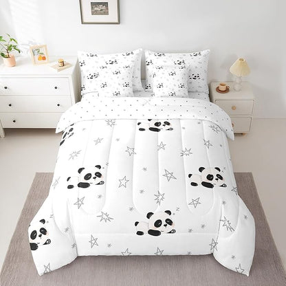 Feelyou Cartoon Comforter Set with Sheets 7 Piece Twin Size Kids Cute Animal Bed in a Bag for Boys Girls Kawaii Bedding Set Breathable Panda Bear Printed Black White Bed Set Room Decor