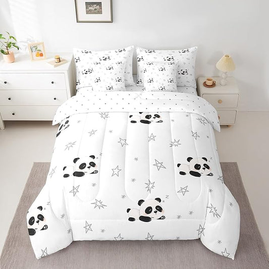 Feelyou Cartoon Comforter Set with Sheets 7 Piece Twin Size Kids Cute Animal Bed in a Bag for Boys Girls Kawaii Bedding Set Breathable Panda Bear Printed Black White Bed Set Room Decor