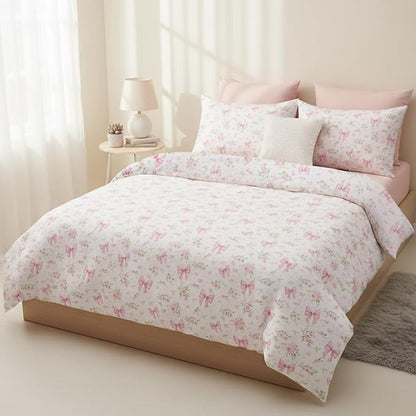 Duvet Cover Queen 3Pcs Pink Floral Bow Bedding Set for Girls Kids,Cute Princess Style Bowknot Bedding,Ultra Soft Garden Flower Bedding with 2 Pillowcases(No Comforter)