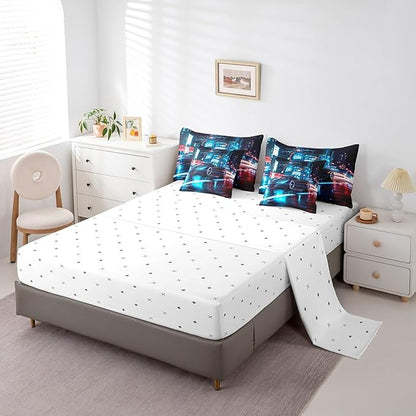 Feelyou City Racing Car 7 Piece Bedding Set King Size for Kids Boys Extreme Sport Games Comforter Set with Sheets Teens Toddler Fast and Furious Bed in a Bag Cool Modern Bed Set