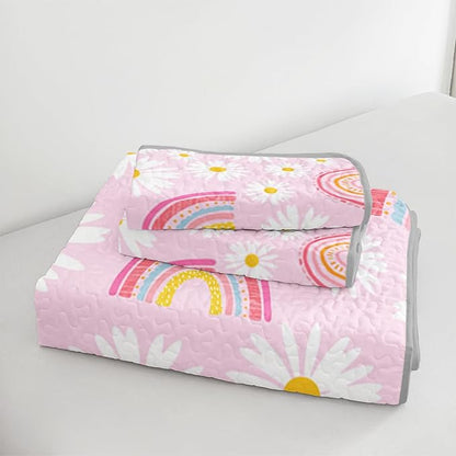 QOOMO Rainbow Quilt Set Twin Size,Daisy Bedspread Coverlet Set,Pink 3Pcs Bedding Set Printed Quilt with 2 Pillowcases,Soft and Lightweight,for All Seasons